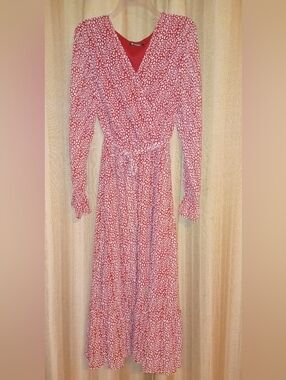 Red Printed Long-Sleeve Wrap Maxi Dress with Tie Waist by